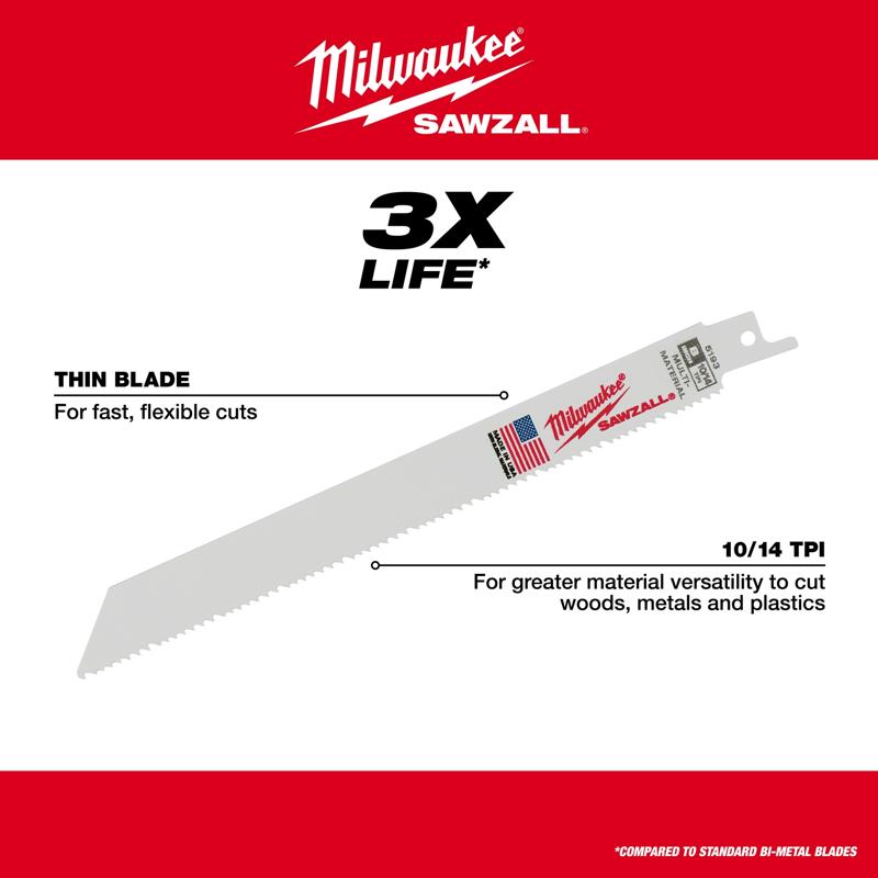 Milwaukee Sawzall 12 in. Bi-Metal Thin Kerf Reciprocating Saw Blade 10/14 TPI 5 pk