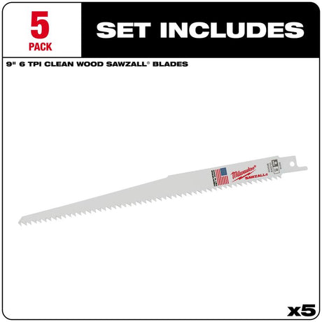 Milwaukee Sawzall 9 in. Bi-Metal Clean Wood Reciprocating Saw Blade 6 TPI 5 pk