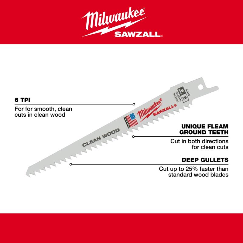 Milwaukee Sawzall 9 in. Bi-Metal Clean Wood Reciprocating Saw Blade 6 TPI 5 pk