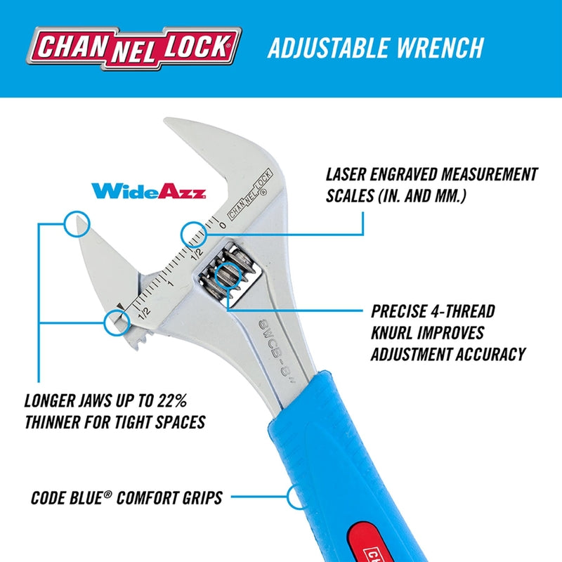 Channellock WIDEAZZ Metric and SAE Adjustable Wrench 8 in. L 1 pc