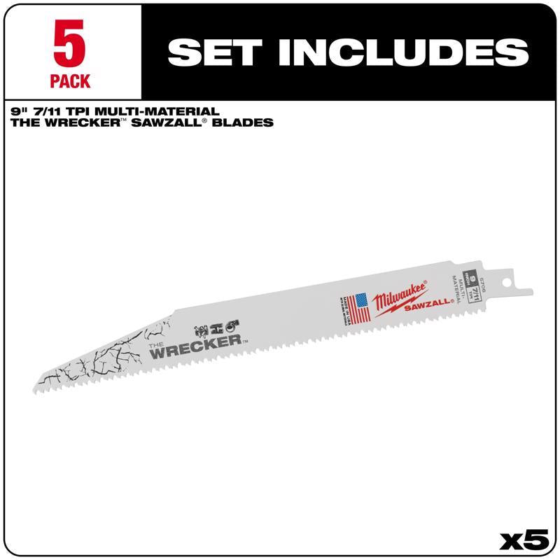 Milwaukee The WRECKER 9 in. Bi-Metal Demolition Reciprocating Saw Blade 7/11 TPI 5 pk