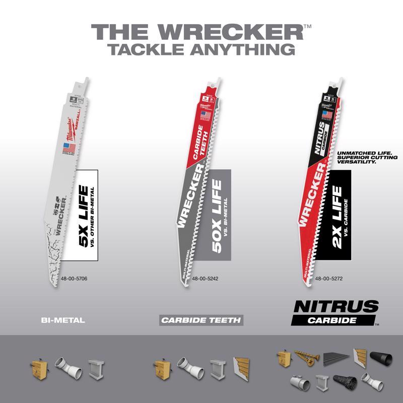 Milwaukee The WRECKER 9 in. Bi-Metal Demolition Reciprocating Saw Blade 7/11 TPI 5 pk