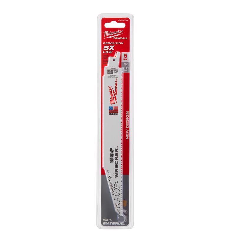 Milwaukee The WRECKER 9 in. Bi-Metal Demolition Reciprocating Saw Blade 7/11 TPI 5 pk