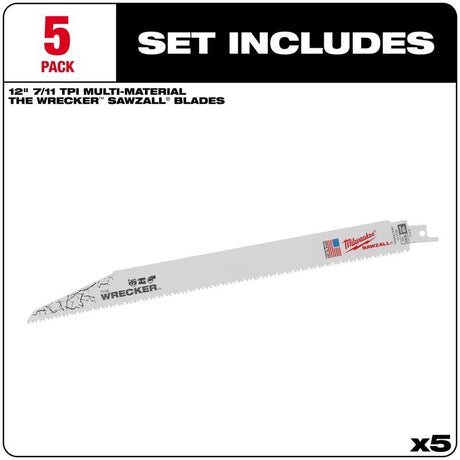 Milwaukee The WRECKER 12 in. Bi-Metal Demolition Reciprocating Saw Blade 7/11 TPI 5 pk