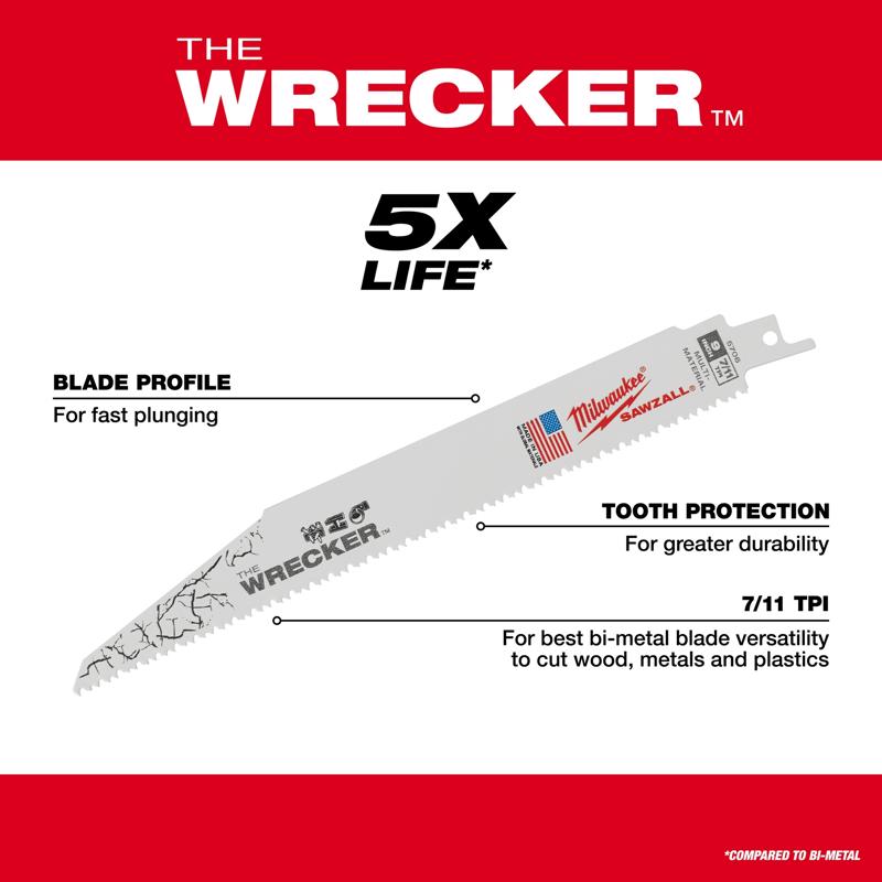 Milwaukee The Wrecker 6 in. Bi-Metal Demolition Reciprocating Saw Blade 7/11 TPI 5 pk