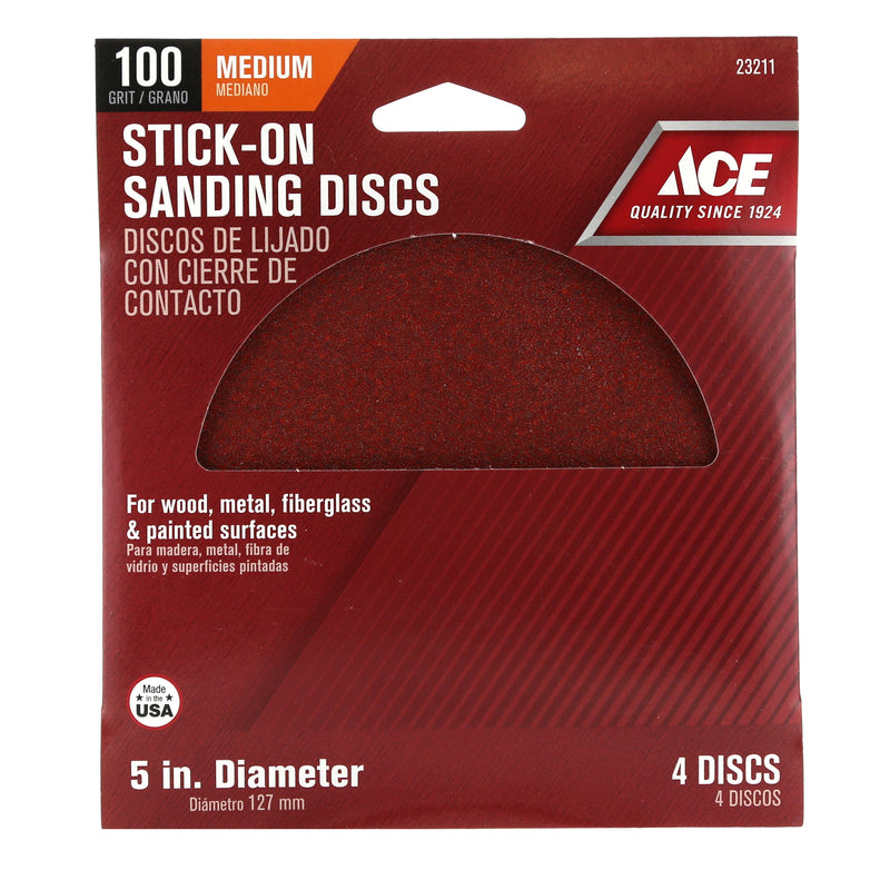 Ace 5 in. Aluminum Oxide Adhesive Sanding Disc 100 Grit Medium 4 pk