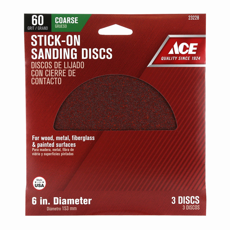 Ace 6 in. Aluminum Oxide Adhesive Sanding Disc 60 Grit Coarse 3 pk