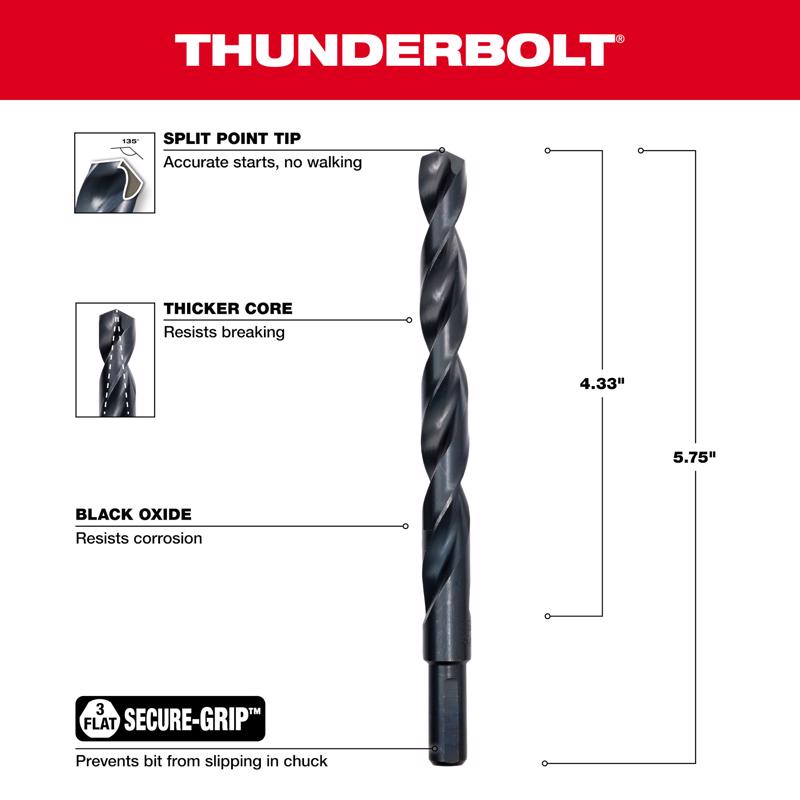 Milwaukee Thunderbolt 15/32 in. X 5-3/4 in. L Drill Bit 3-Flat Shank 1 pc
