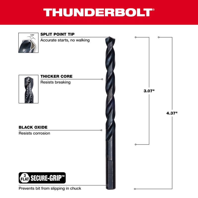 Milwaukee Thunderbolt 19/64 in. X 4-3/8 in. L Drill Bit 3-Flat Shank 1 pc