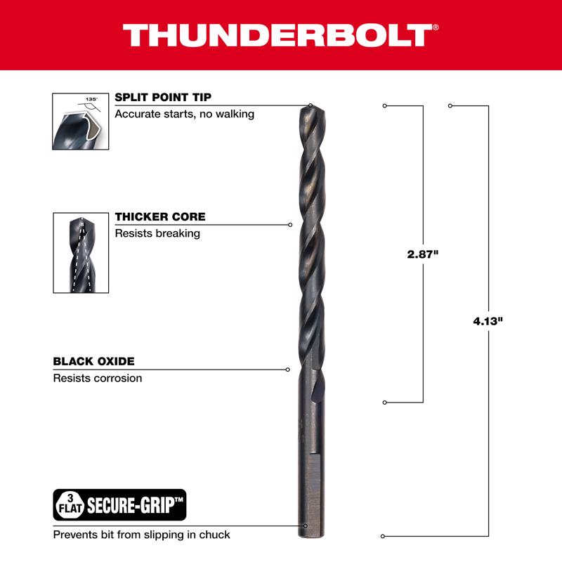 Milwaukee Thunderbolt 17/64 in. X 4-1/8 in. L Black Oxide Drill Bit 3-Flat Shank 1 pc