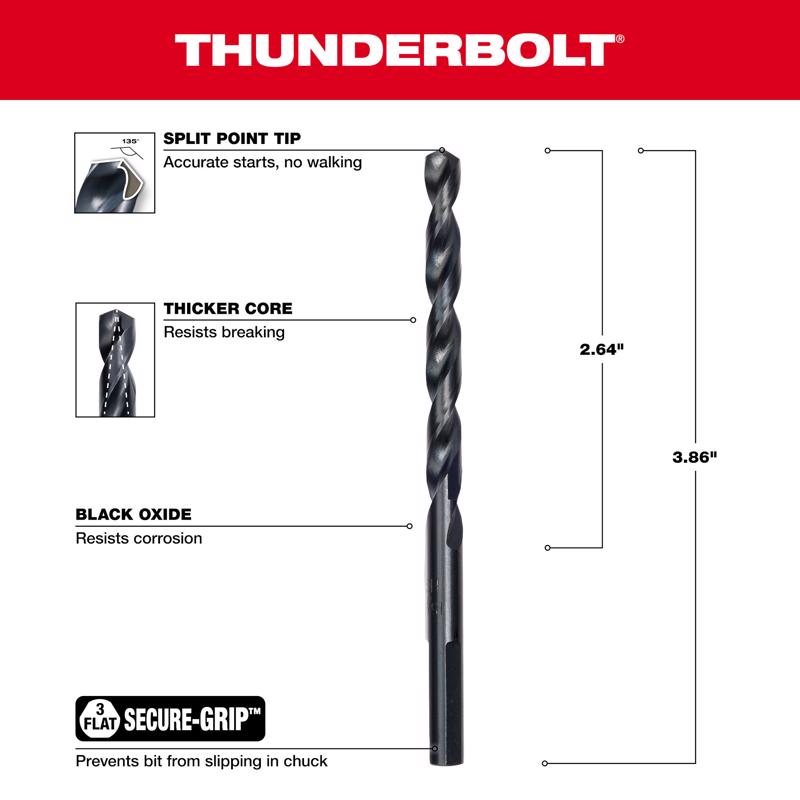 Milwaukee Thunderbolt 15/64 in. X 3-7/8 in. L Black Oxide Drill Bit 3-Flat Shank 1 pc