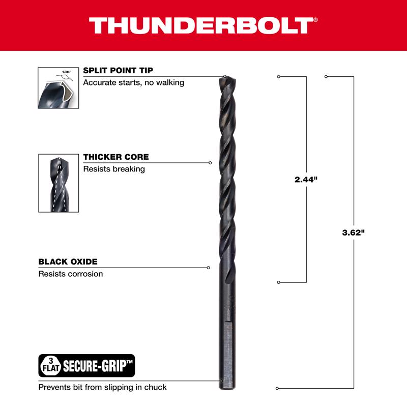 Milwaukee Thunderbolt 13/64 in. X 3-5/8 in. L Black Oxide Drill Bit 3-Flat Shank 1 pc