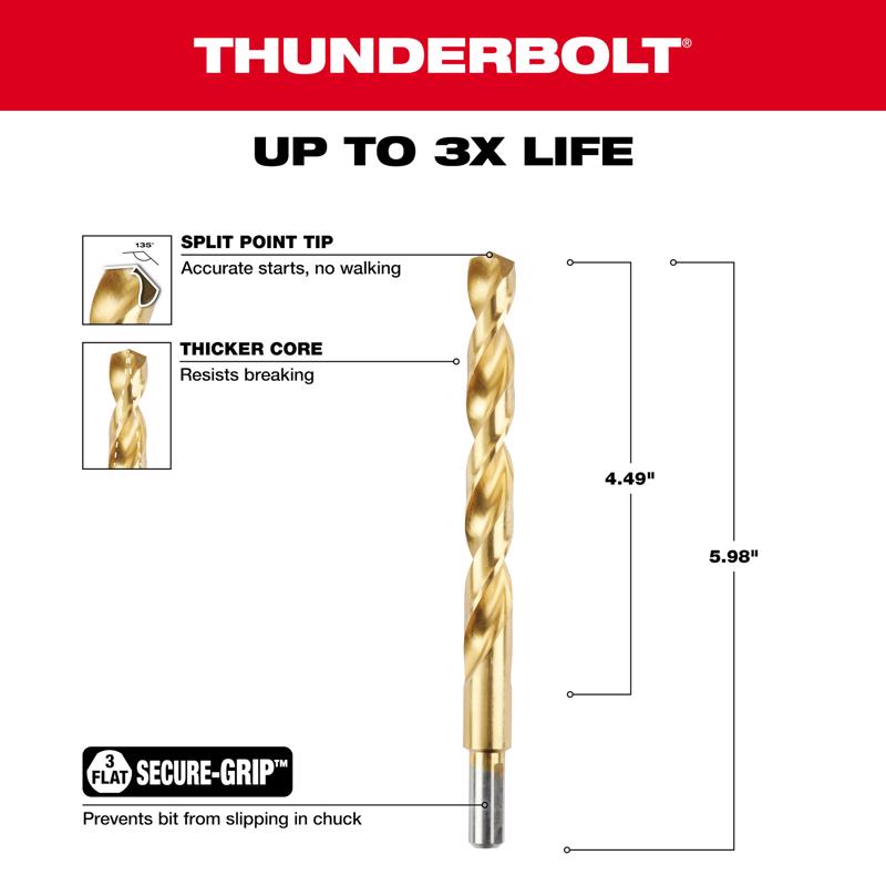 Milwaukee Thunderbolt 1/2 in. X 6 in. L High Speed Steel Drill Bit 3-Flat Shank 1 pc