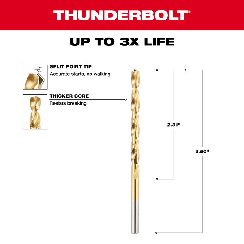 Milwaukee Thunderbolt 3/16 in. X 3-1/2 in. L High Speed Steel Drill Bit Round Shank 1 pc