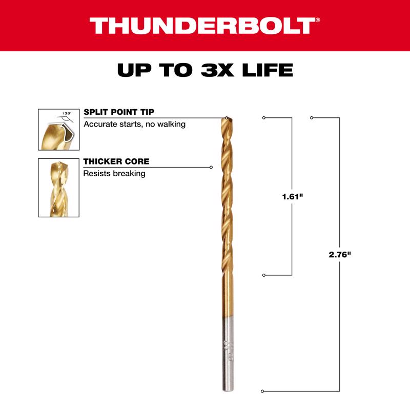 Milwaukee Thunderbolt 1/8 in. X 2-3/4 in. L High Speed Steel Drill Bit Round Shank 1 pc