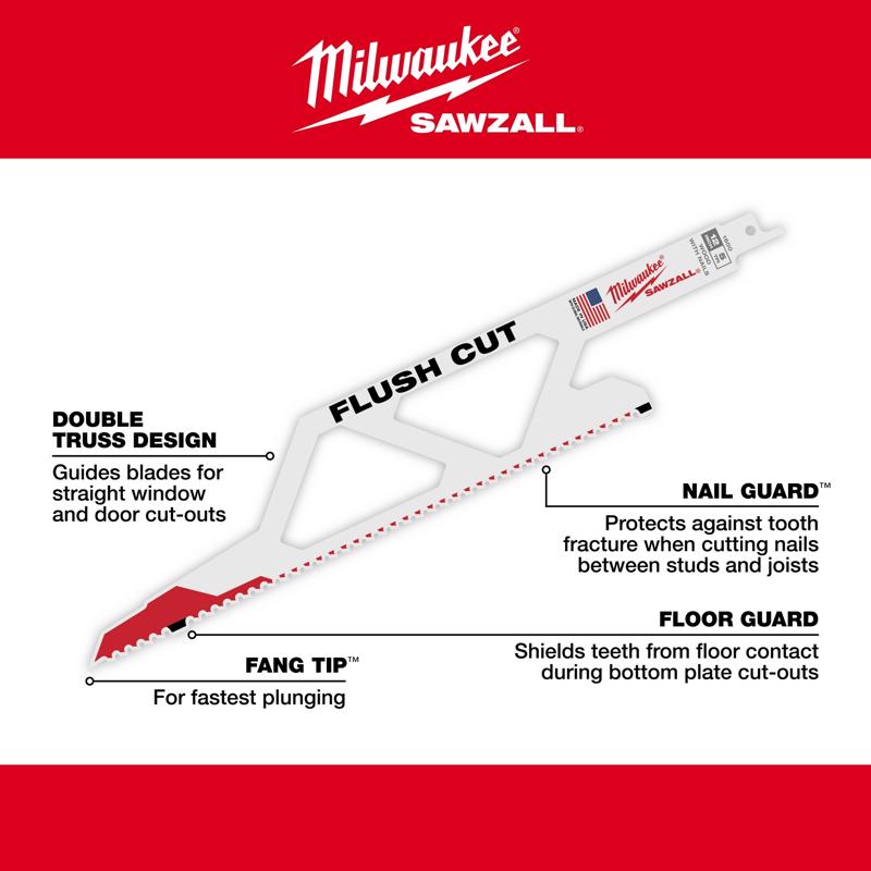 Milwaukee SawZall 12 in. Bi-Metal Flush Cutting Reciprocating Saw Blade 5 TPI 1 pk