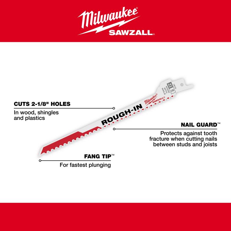 Milwaukee Rough-In 7-3/8 in. Bi-Metal Through-hole Cutter Reciprocating Saw Blade 5 TPI 5 pk
