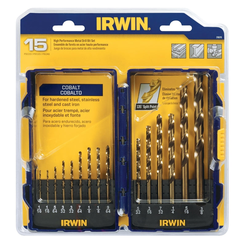 Irwin Cobalt Steel Drill Bit Set Straight Shank 15 pc