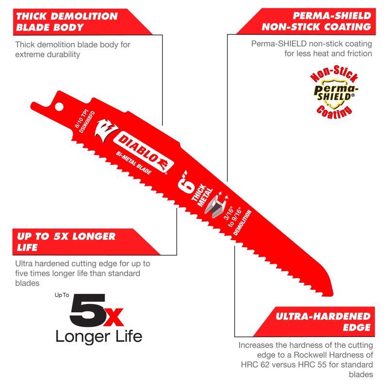 Diablo 6 in. Bi-Metal Thick Metal & Demolition Reciprocating Saw Blade 8/10 TPI 2 pk