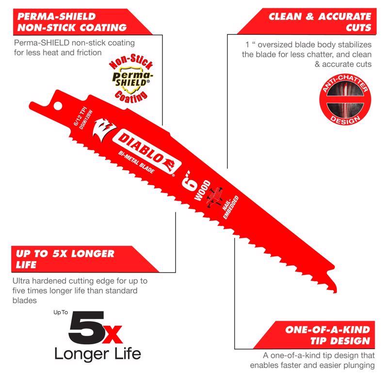 Diablo Demo Demon 6 in. Bi-Metal Nail-Embedded Wood Reciprocating Saw Blade 6/12 TPI 2 pk