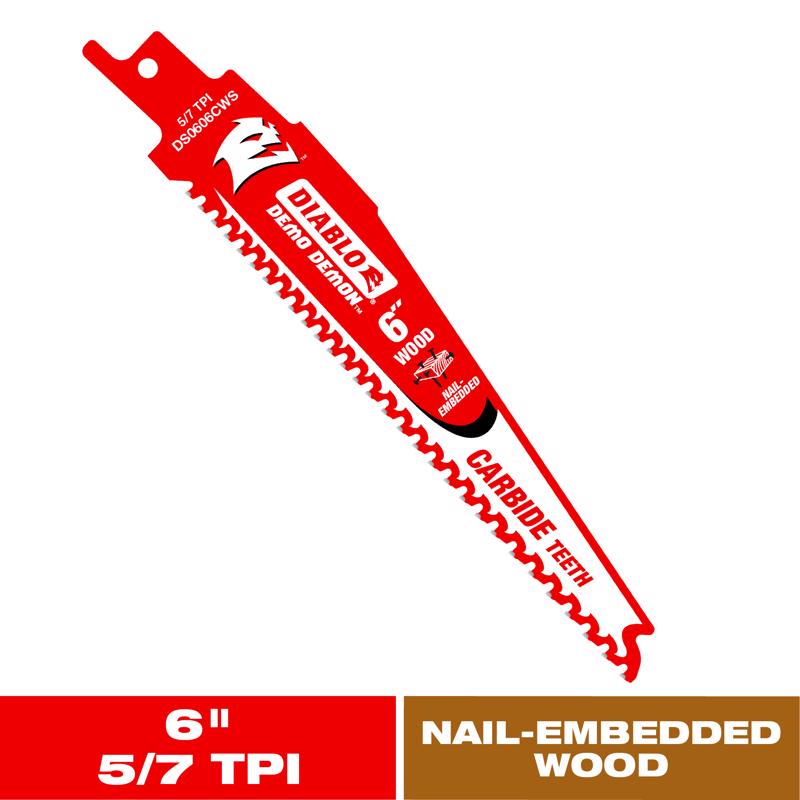 Diablo Demo Demon 6 in. Carbide Tipped Nail-Embedded Wood Reciprocating Saw Blade 6 TPI 1 pc