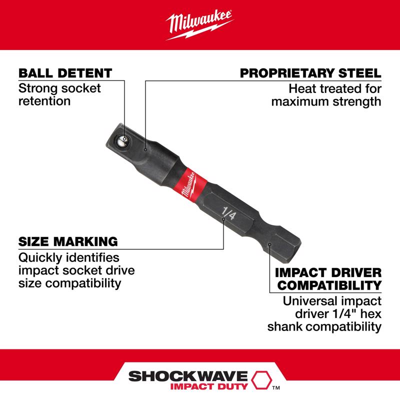 Milwaukee Shockwave Square 1/4 in. X 2 in. L Socket Adapter Steel 1 pc