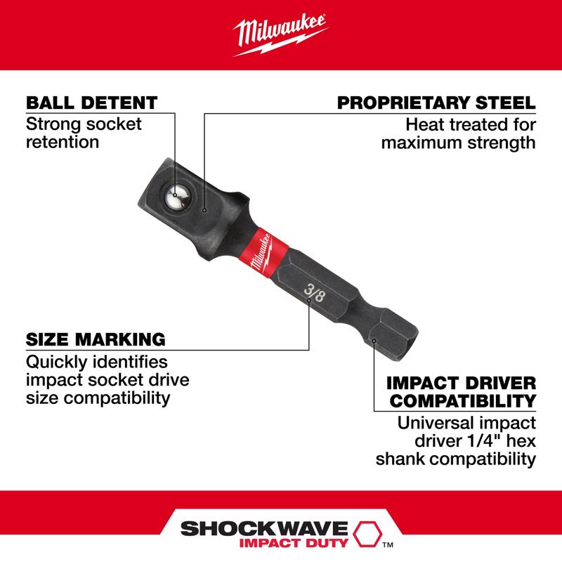 Milwaukee Shockwave Square 3/8 in. X 2 in. L Socket Adapter Steel 1 pc
