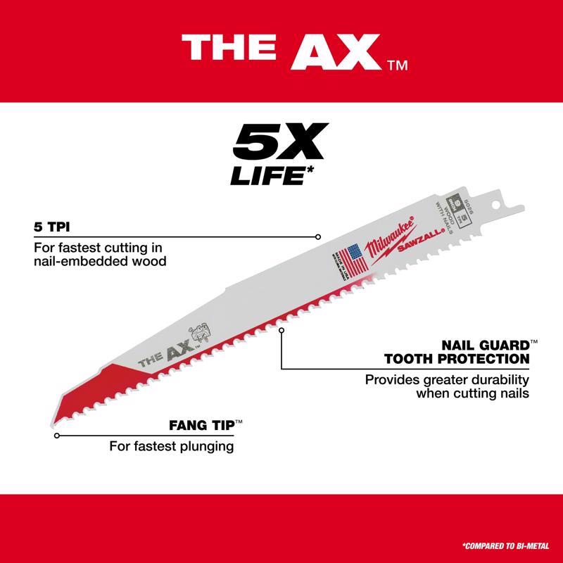 Milwaukee The AX 9 in. Bi-Metal Demo Reciprocating Saw Blade 5 TPI 1 pk