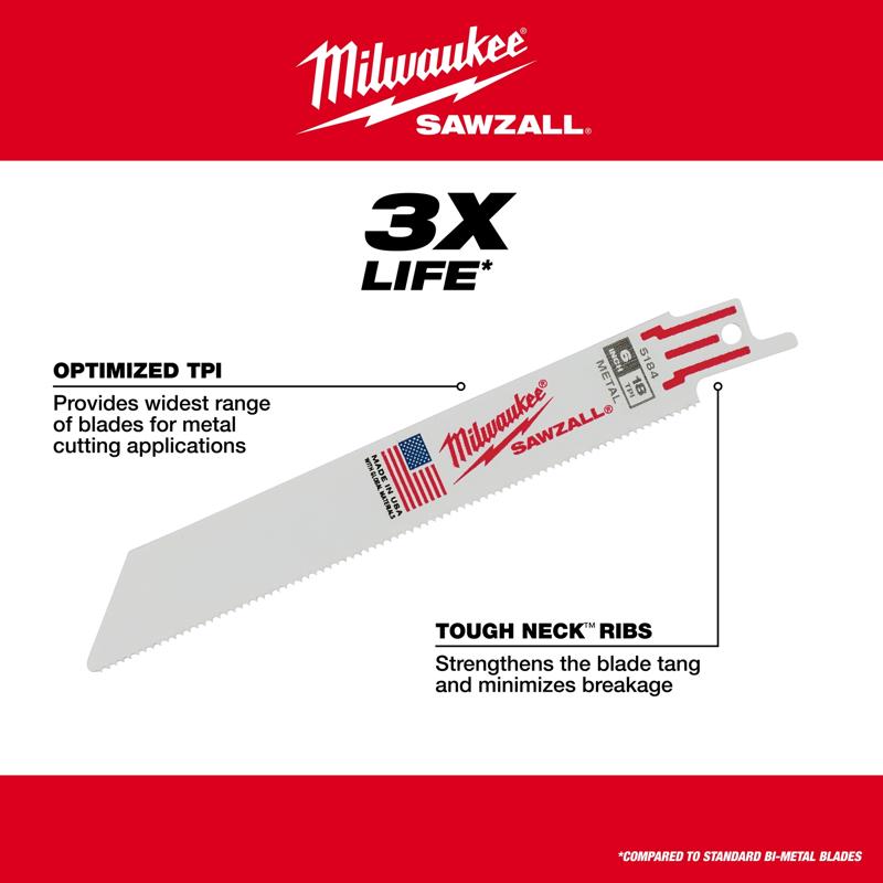 Milwaukee SAWZALL 6 in. Bi-Metal Reciprocating Saw Blade 14 TPI 1 pk