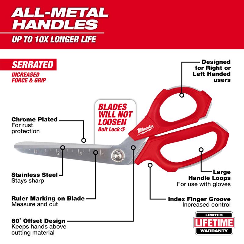 Milwaukee 9.5 in. Iron Carbide Smooth Offset Jobsite Scissors 1 pc