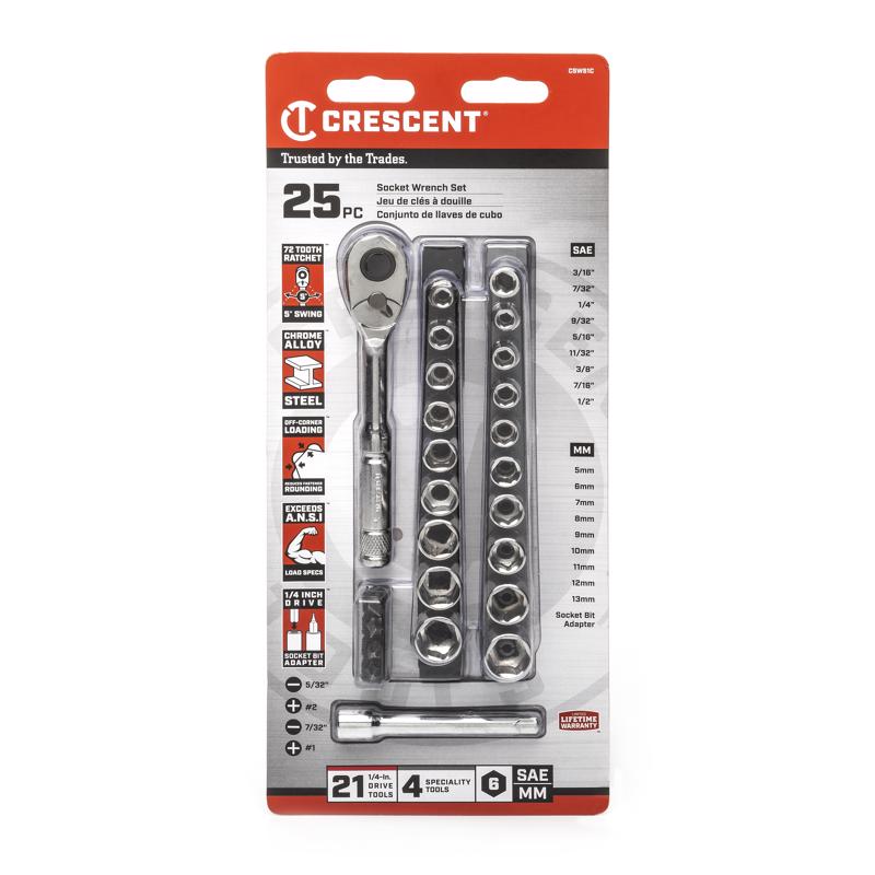 Crescent 1/4 in. X 1/4 in. drive Metric and SAE 6 Point Socket Wrench Set 25 pc