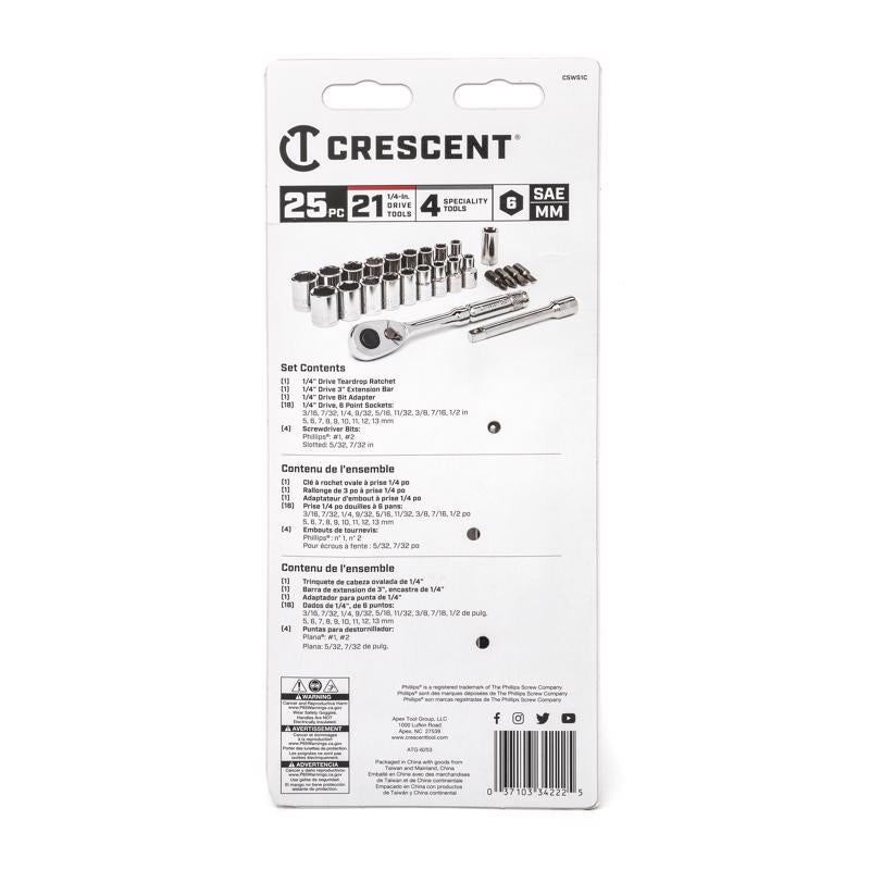 Crescent 1/4 in. X 1/4 in. drive Metric and SAE 6 Point Socket Wrench Set 25 pc