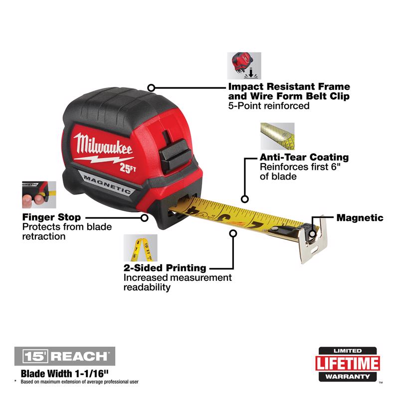 Milwaukee 25 ft. L X 1 in. W Compact Wide Blade Magnetic Tape Measure 1 pk