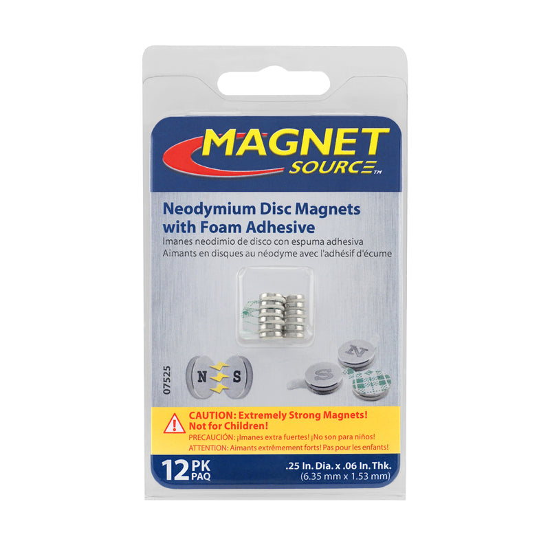 Magnet Source .06 in. L X .25 in. W Silver Disc Magnets with Adhesive 1.2 lb. pull 12 pc