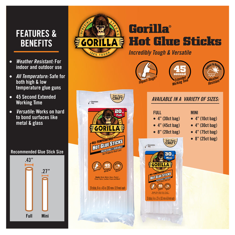 Gorilla Mini High Strength Hot Glue Sticks 30 pc