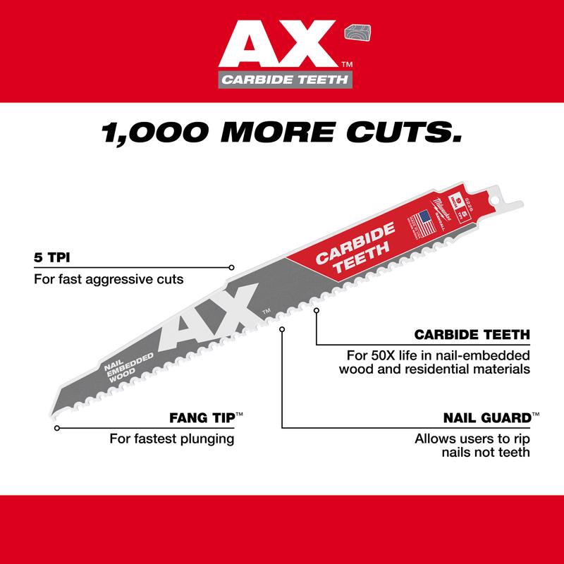 Milwaukee AX 12 in. Carbide Demolition Reciprocating Saw Blade 5 TPI 1 pk
