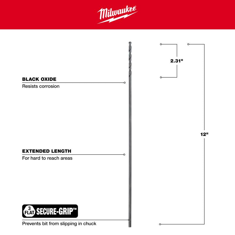 Milwaukee 3/16 in. X 12 in. L Aircraft Length Drill Bit 3-Flat Shank 1 pc