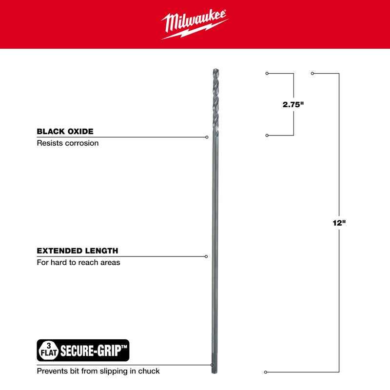 Milwaukee 1/4 in. X 12 in. L Aircraft Length Drill Bit 3-Flat Shank 1 pc