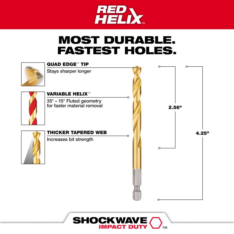 Milwaukee Shockwave 9/32 in. X 4-1/4 in. L Titanium Red Helix Drill Bit Hex Shank 1 pc
