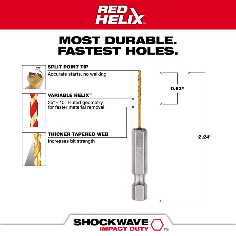 Milwaukee Shockwave 1/16 in. X 2-1/4 in. L Titanium Red Helix Drill Bit Hex Shank 2 pc