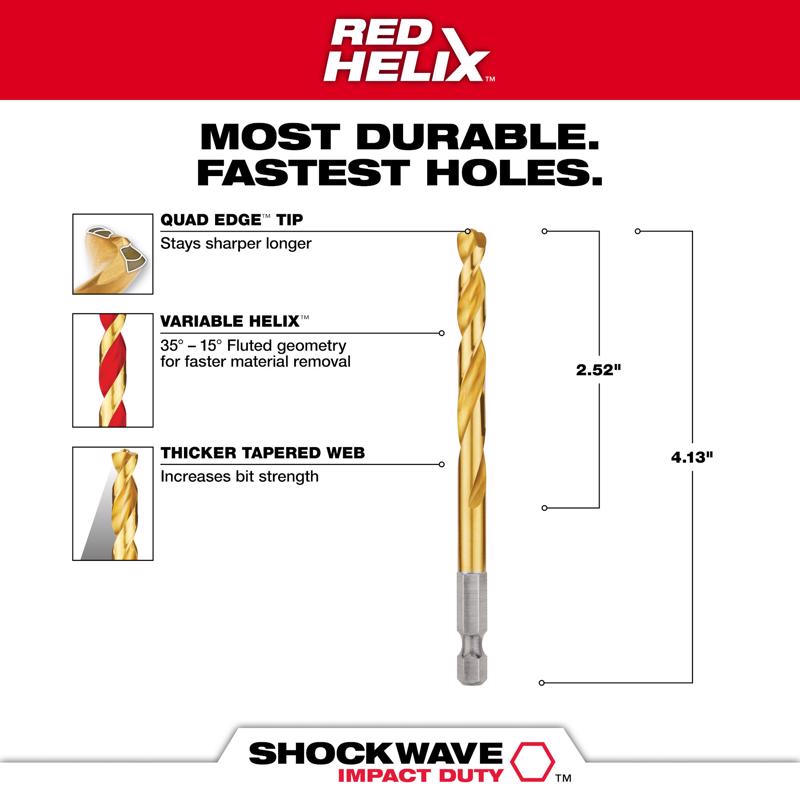 Milwaukee Shockwave 17/64 in. X 4-1/4 in. L Titanium Red Helix Drill Bit Hex Shank 1 pc