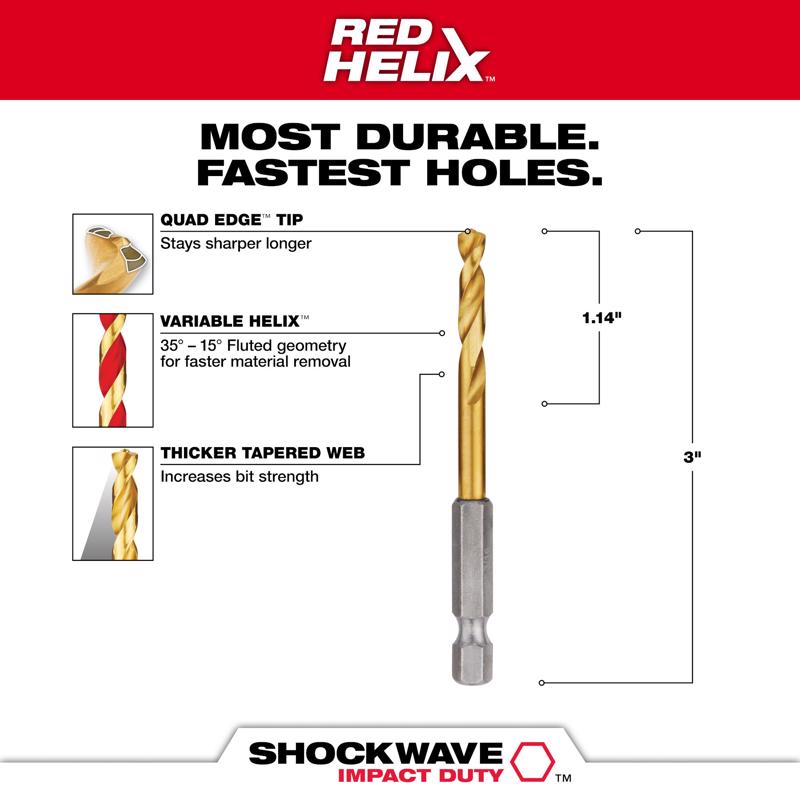 Milwaukee Shockwave 3/16 in. X 3.00 in. L Titanium Red Helix Drill Bit Hex Shank 1 pc