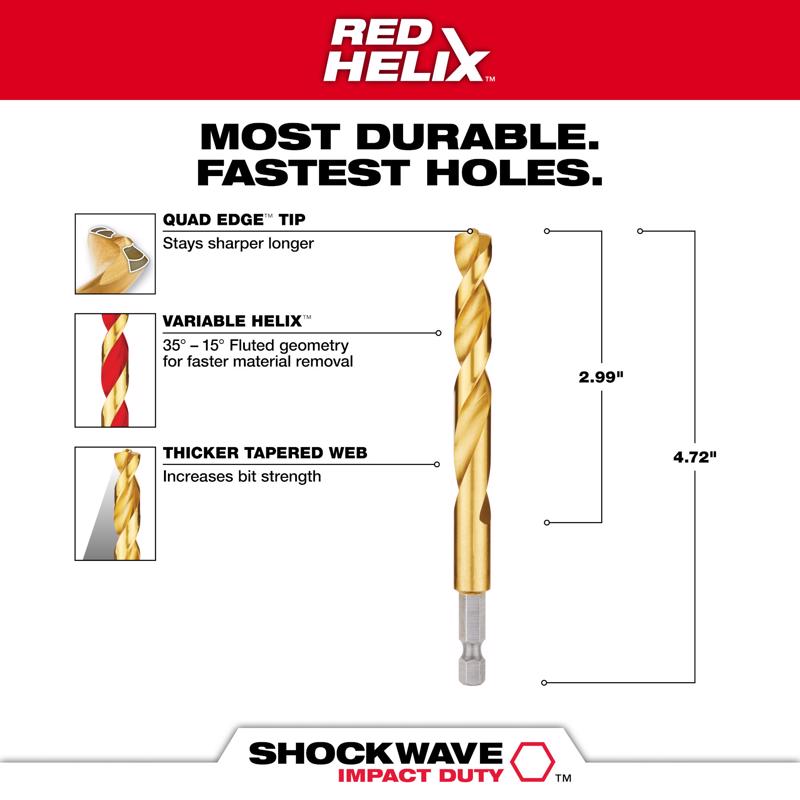 Milwaukee Shockwave 25/64 in. X 4-11/16 in. L Titanium Red Helix Drill Bit Hex Shank 1 pc