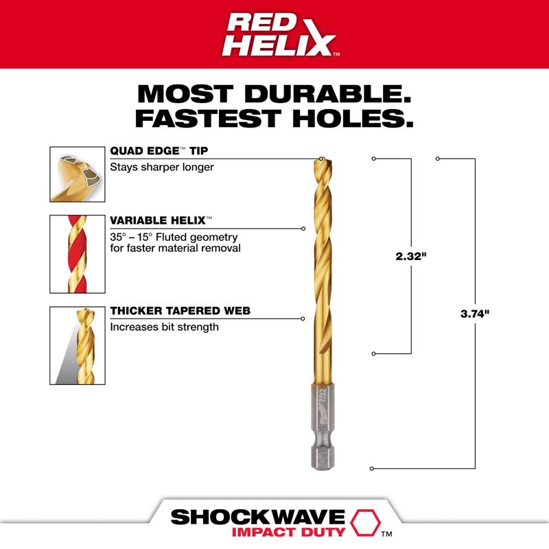 Milwaukee Shockwave 15/64 in. X 4-1/8 in. L Titanium Red Helix Drill Bit Hex Shank 1 pc