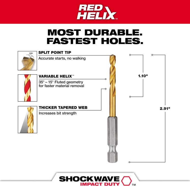 Milwaukee Shockwave 11/64 in. X 2.91 in. L Titanium Red Helix Drill Bit Hex Shank 1 pc