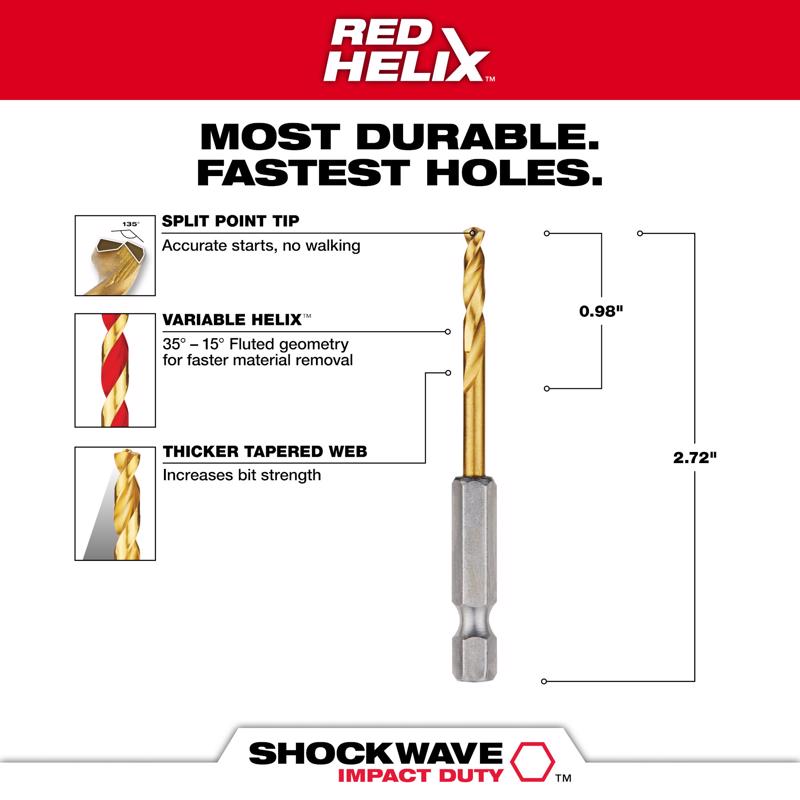 Milwaukee Shockwave 9/64 in. X 2.63 in. L High Speed Steel Red Helix Drill Bit Hex Shank 1 pc