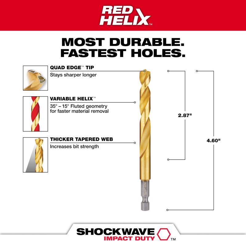 Milwaukee Shockwave 23/64 in. X 4.61 in. L Titanium Red Helix Drill Bit Hex Shank 1 pc