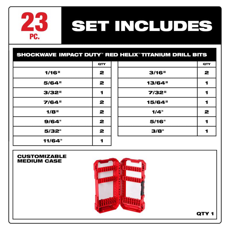 Milwaukee Shockwave Titanium Red Helix Drill Bit Set Hex Shank 23 pc