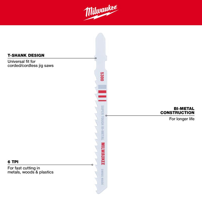 Milwaukee 4 in. Bi-Metal T-Shank General cutting Jig Saw Blade 6 TPI 5 pk