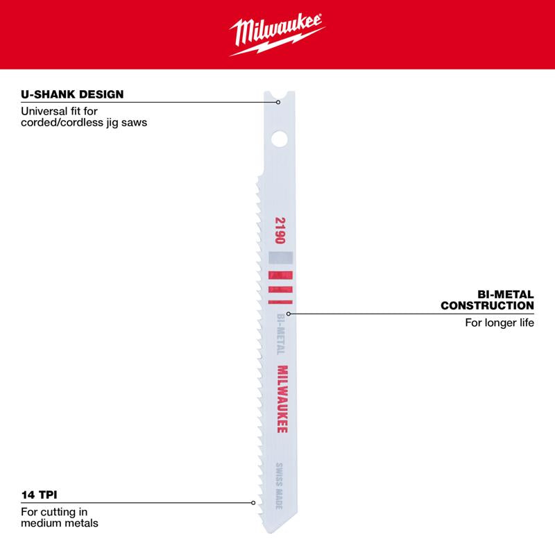 Milwaukee 3-5/8 in. Bi-Metal U-Shank Metal cutting Jig Saw Blade 14 TPI 5 pk